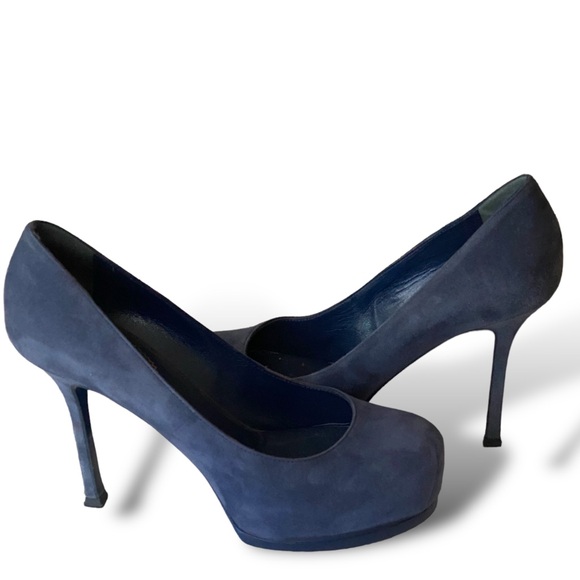YSL Yves Saint Laurent Trib Navy Blue Suede Heels Pumps Size  7.5 US. 37 1/2EU - Picture 2 of 13
